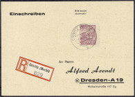 Briefmarken
Deutschland
Alliierte Besetzung (Sowjetische Zone)
40 Pf. Abschiedsserie 1945, R-Karte aus Crivitz, als Frankatur wurde eine 40a als Po...