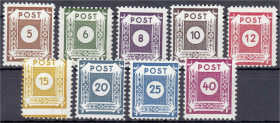 Briefmarken
Deutschland
Alliierte Besetzung (Sowjetische Zone)
Ziffernserie (Coswig) 1945, kompletter Satz in postfrischer Erhaltung, gez. L 11, je...