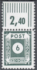 Briefmarken
Deutschland
Alliierte Besetzung (Sowjetische Zone)
6 Pfg. Ziffernserie 1945, postfrische Luxuserhaltung vom Oberrand. Fotobefund Kunz B...