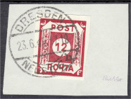 Briefmarken
Deutschland
Alliierte Besetzung (Sowjetische Zone)
12 Pf. POTSCHTA 1945, sauber gestempelt auf Briefstück. Fotoattest Ströh BPP >ECHT U...