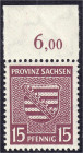 Briefmarken
Deutschland
Alliierte Besetzung (Sowjetische Zone)
15 Pf. Provinzwappen 1945, postfrische Luxuserhaltung vom Oberrand. Kurzbefund Ströh...
