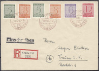 Briefmarken
Deutschland
Alliierte Besetzung (Sowjetische Zone)
Freimarken 1945, kompletter Satz auf R-Brief, Versuchs-Zähnung 10 3/4, überfrankiert...