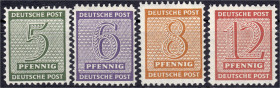 Briefmarken
Deutschland
Alliierte Besetzung (Sowjetische Zone)
Ziffern (Mügeln) 1945, kompletter Satz in postfrischer Erhaltung. Fotoattest Dr. Jas...