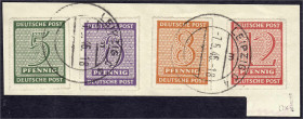 Briefmarken
Deutschland
Alliierte Besetzung (Sowjetische Zone)
5 Pf.-12Pf. Freimarken (Roßwein) 1945, sauber gestempelt auf Briefstück, geprüft Str...