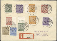 Briefmarken
Deutschland
Alliierte Besetzung (Sowjetische Zone)
5 Pf.-12Pf. Freimarken (Roßwein) 1945, gestempelt auf R-Brief, Nr. 116 D - 119 D (2x...