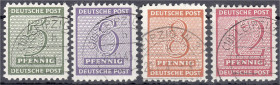 Briefmarken
Deutschland
Alliierte Besetzung (Sowjetische Zone)
5 Pf. - 12 Pf. Freimarken 1945, gestempelt, jeder Wert geprüft Ströh BPP. Mi. 190,-€...