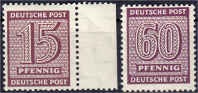 Briefmarken
Deutschland
Alliierte Besetzung (Sowjetische Zone)
15 Pf. und 60 Pf. Ziffern 1945, zwei postfrische Werte in Luxuserhaltung, tiefst gep...