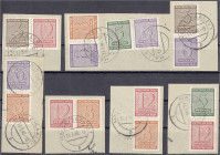 Briefmarken
Deutschland
Alliierte Besetzung (Sowjetische Zone)
Ziffern 1945, sieben Briefstücke mit kompletter Serie Zusammendrucke waager. und sen...