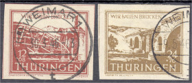 Briefmarken
Deutschland
Alliierte Besetzung (Sowjetische Zone)
12+68 Pf. + 24+76 Pf. Wiederaufbau 1946, gestempelt, Nr. 113 by geprüft Busch BPP, N...