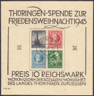 Briefmarken
Deutschland
Alliierte Besetzung (Sowjetische Zone)
Weihnachtsblock 1945, gestempelt, ,,v" graugefasertes Papier. Fotoattest Ströh BPP >...