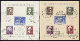 Briefmarken
Deutschland
Alliierte Besetzung (Sowjetische Zone)
Wiederaufbau 1946, zwei sauber gestempelte Blöcke, Block 3 B geprüft Zierer BPP. Mi....
