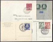 Briefmarken
Deutschland
Berlin
ERP, Tag der Briefmarke, 10 Pf. u. 30 Pf. Glocke links, Beethoven, Vorolympische Festtage 1950/52, sechs Belege bzw....