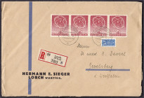 Briefmarken
Deutschland
Berlin
ERP 1950, sauber gestempelt, MeF auf R-Brief, durchschnittliche Erhaltung.
Brief. Michel 71 (4x). 