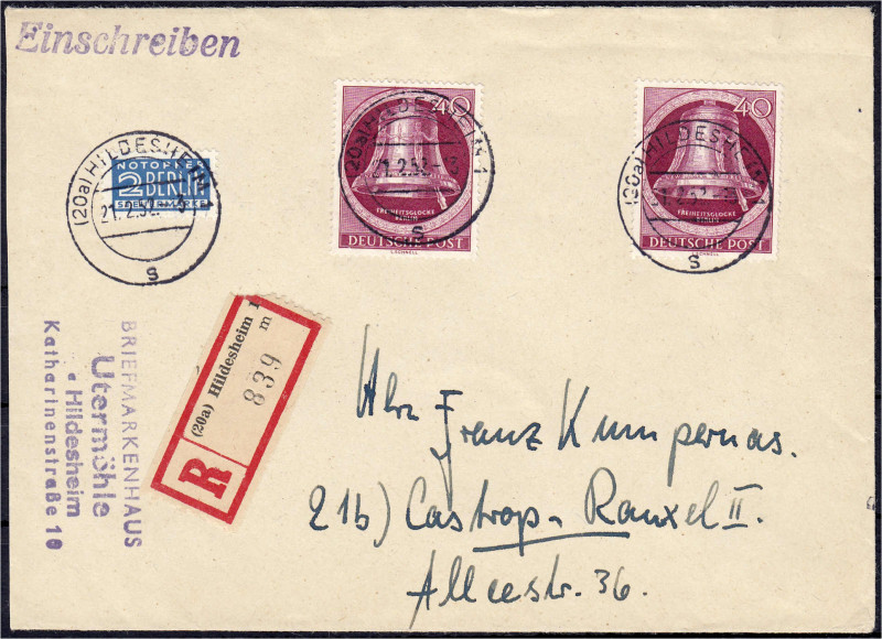 Briefmarken
Deutschland
Berlin
40 Pf. Glocke rechts 1951, schöner R-Brief als...