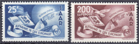 Briefmarken
Deutschland
Saarland
Europarat 1950, postfrische Erhaltung, unsigniert. Mi. 230,-€.
** Michel 297-98. 