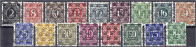 Briefmarken
Deutschland
Alliierte Besetzung (Amerikanische u. Brit. Zone)
2 Pf. - 84 Pf. Ziffernserie 1948, kompletter Satz (Netzaufdruck) in postf...
