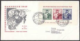 Briefmarken
Deutschland
Alliierte Besetzung (Amerikanische u. Brit. Zone)
Exportmesse-Block 1949, sauberer Ersttagsbrief, abgestempelt mit Sonderst...