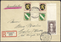 Briefmarken
Deutschland
Alliierte Besetzung (Französische Zone)
1 M. Johan Wolfgang v. Goethe 1945, portogerechte Mischfrankatur, Nr. 11 mit vierse...