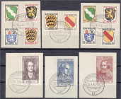 Briefmarken
Deutschland
Alliierte Besetzung (Französische Zone)
Wappen und deutsche Dichter 1945, komplett gestempelter Satz auf Briefstücken, 10 P...