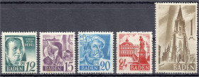 Briefmarken
Deutschland
Alliierte Besetzung (Französische Zone)
Persönlichkeiten und Ansichten aus Baden 1947, postfrisch, alle mit Druck auf der G...