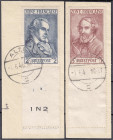 Briefmarken
Deutschland
Alliierte Besetzung (Französische Zone)
2 Mark + 5 Mark Schiller und Heine 1945, zwei saubere Briefstücke mit anhängendem L...