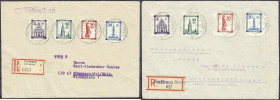 Briefmarken
Deutschland
Alliierte Besetzung (Französische Zone)
Wiederaufbau der Stadt Freiburg 1949, zwei komplette Sätze je auf R-Brief, traumhaf...