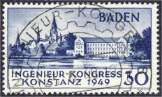 Briefmarken
Deutschland
Alliierte Besetzung (Französische Zone)
Ingenieur-Kongress in Konstanz 1949, zentrisch gestempelt mit Stempeldatum 25.6.194...