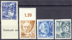 Briefmarken
Deutschland
Alliierte Besetzung (Französische Zone)
20 Pf. St. Martin, 2 Pf. Beethoven, 15 Pf. Karl-Marx, 10 Pf. Winzerin 1947/1948, vi...
