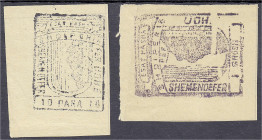 Banknoten
Ausland
Albanien
Belagerung durch General Esat Pasha: 2 Scheine zu 10 Para und 1 Grush o.J. (1913) beide II, selten. Pick. S182,182. 