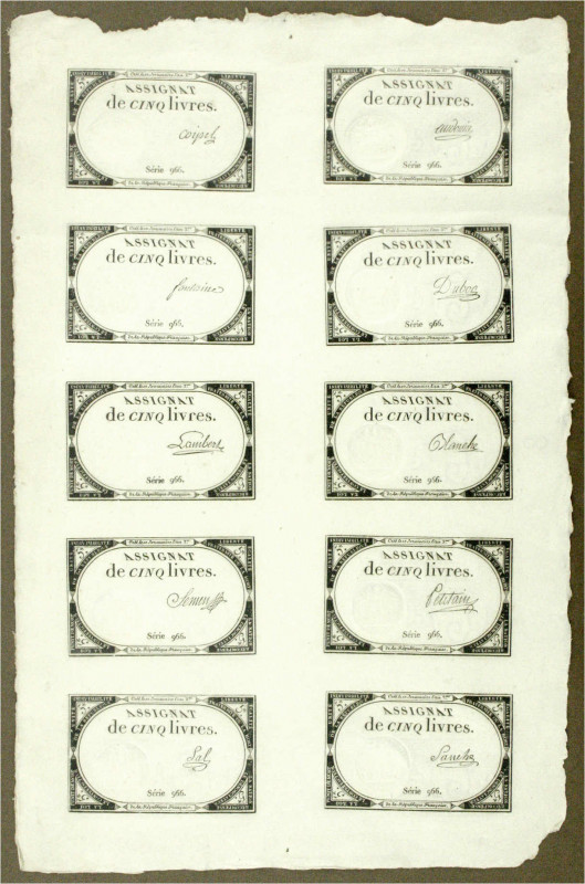 Banknoten
Ausland
Frankreich
Assignatenbogen zu 10 X 5 Livres 31.10.1793. Ein...