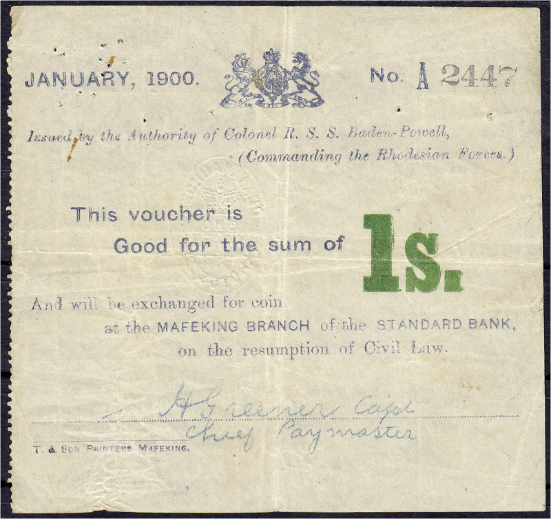 Banknoten
Ausland
Südafrika
03.05.2021: 1 Shilling

Bechuanaland, Belagerun...