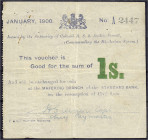 Banknoten
Ausland
Südafrika
03.05.2021: 1 Shilling

Bechuanaland, Belagerung von Mafeking Januar 1900. Blaue Schrift mit grüner Wertangabe.
III-...