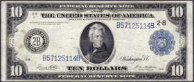 Banknoten
Ausland
Vereinigte Staaten von Amerika
10 Dollars mit blauem Siegel 1914 New York. Var. mit kleinem 2-B.
III, selten. Pick 360. 