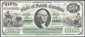 Banknoten
Ausland
Vereinigte Staaten von Amerika
South Carolina, 50 Dollars 2.3.1872. I-, sehr selten in dieser Erhaltung. Pick S 3326. 