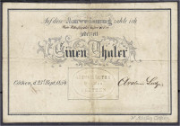 Banknoten
Altdeutschland
Anhalt-Cöthen
1 Thaler Dr. Arthur Lutze 23.9.1854, einlösbar bis 23.9.1855. Handschr. "Herrn Kitzing oder dessen Ordre".
...