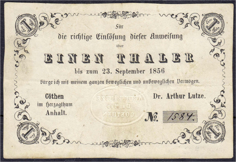 Banknoten
Altdeutschland
Anhalt-Cöthen
1 Thaler Dr. Arthur Lutze 23.9.1854, e...
