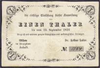 Banknoten
Altdeutschland
Anhalt-Cöthen
1 Thaler Dr. Arthur Lutze 23.9.1854, einlösbar bis 23.9.1856.
III, selten. Pick A545. Grabowski/Kranz 23. ...