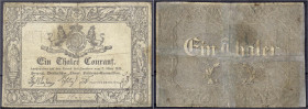 Banknoten
Altdeutschland
Braunschweig
1 Thaler der Darlehns-Bank, Behelfsausgabe 7.3.1842. IV, Rand und Falten gesichert (fachm. Restauriert), sehr...