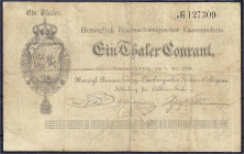 Banknoten
Altdeutschland
Braunschweig
1 Thaler der Herzogl. Braunschw.-Lüneb. Finanz-Collegium Abt. für Leihaus-Sachen 1.5.1858. III-, selten. Grab...