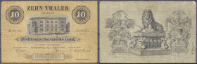 Banknoten
Altdeutschland
Braunschweig
10 Thaler der Braunschweigischen Bank 1.1.1869. IV, min. Einrisse, selten. Grabowski/Kranz 96. Pick A65. 