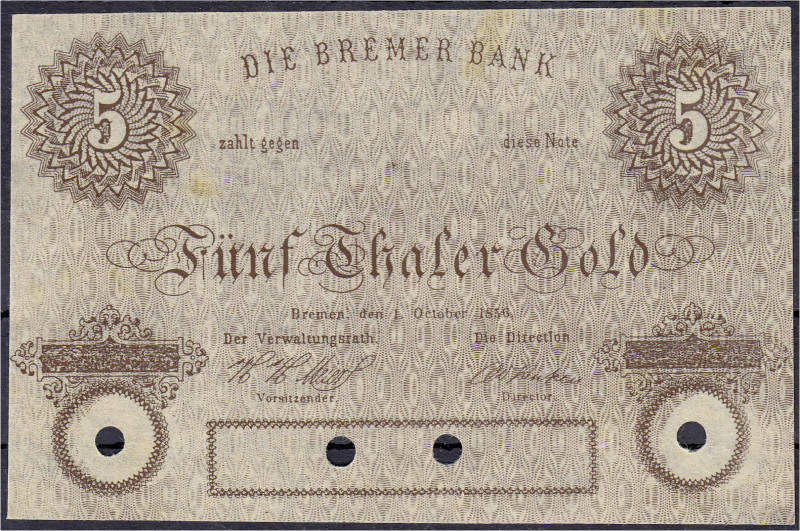 Banknoten
Altdeutschland
Bremen
Eins. Probedruck/Vorlage zu 5 Thaler Gold 1.1...