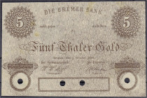 Banknoten
Altdeutschland
Bremen
Eins. Probedruck/Vorlage zu 5 Thaler Gold 1.10.1856 in braun. Ohne Wappen und Strafsatz. 4 X gelocht.
II, leichte ...