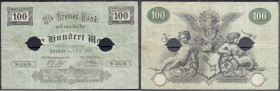Banknoten
Altdeutschland
Bremen
100 Mark der Bremer Bank 1.7.1872. III-IV, Lochentwertung, sehr selten. Pick S209. Grabowski/Kranz 109. 