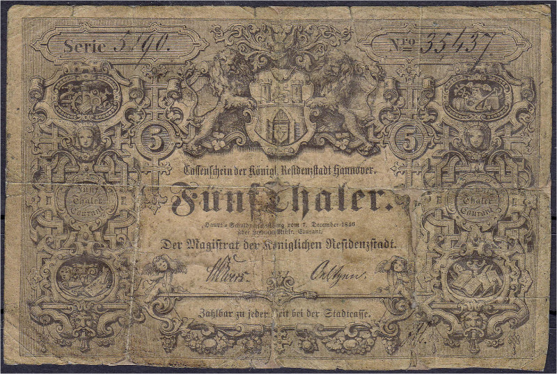 Banknoten
Altdeutschland
Hannover
5 Thaler Cassenschein der königlichen Resid...