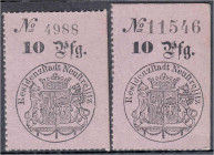 Banknoten
Altdeutschland
Mecklenburg-Strelitz
2 X 10 Pfg. Gutschein der Residenzstadt Neustrelitz o.D. (28.6.1893). 1 X KN 3,5 mm und 1 X KN 5 mm h...