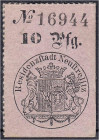 Banknoten
Altdeutschland
Mecklenburg-Strelitz
10 Pfg. Gutschein der Residenzstadt Neustrelitz o.D. (28.6.1893). KN 5 mm hoch. Ausgegeben zur Golden...