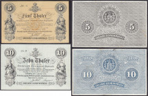 Banknoten
Altdeutschland
Oldenburg (Oldenburg)
4 einsetige Probedrucke der 5 und 10 Thalerscheine vom 1.1.1869 je Vorder- und Rückseite. Die Schein...