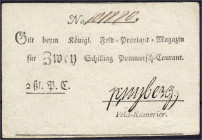 Banknoten
Altdeutschland
Pommern
2 Schilling Pommersch-Courant des Königl. Feld-Proviant-Magazins o.D. (1804-1807). Feld-Kämerier. (Schwedische Arm...