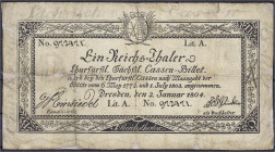 Banknoten
Altdeutschland
Sachsen
1 Reichsthaler Churfürstl. Sächss. Cassen-Billet 2.1.1804. Mit orig. Wz. und 2 handschr. Unterschriften Graf v. Ei...