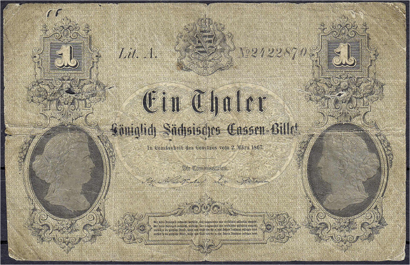 Banknoten
Altdeutschland
Sachsen
1 Thaler Königl. Sächss. Cassen-Billet 2.3.1...